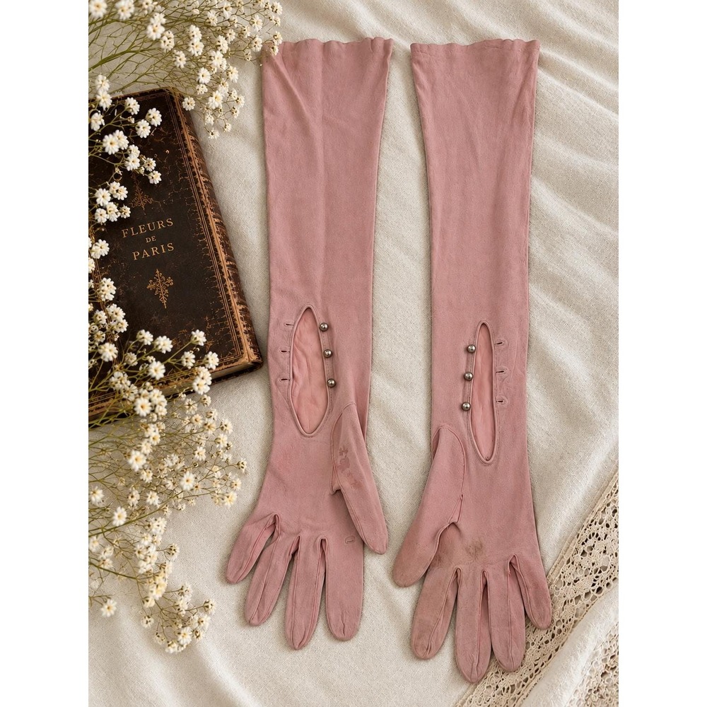 VTG 40s French Kid Suede Opera Gloves Pink 7.5 Long Bridal Wedding T. Eatons Co.